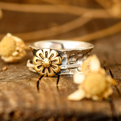Sunflower Ring, Spinner Rings for Women 925 Sterling Silver and Brass Sunflower | Nature Wide Band Fidget Meditation Anxiety Jewelry