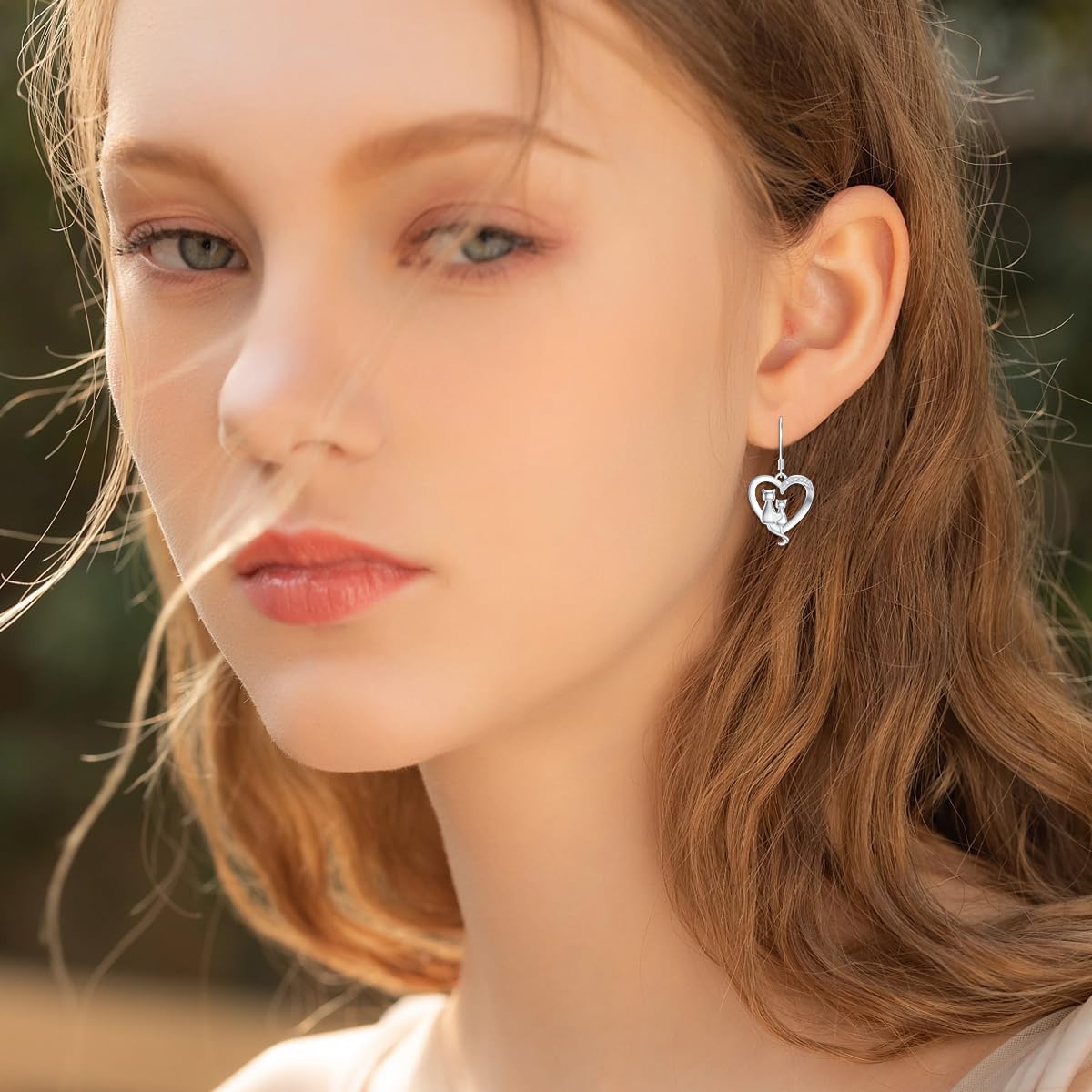 Diamond Cat Heart Drop Earrings – 925 Sterling Silver, 0.05 CT