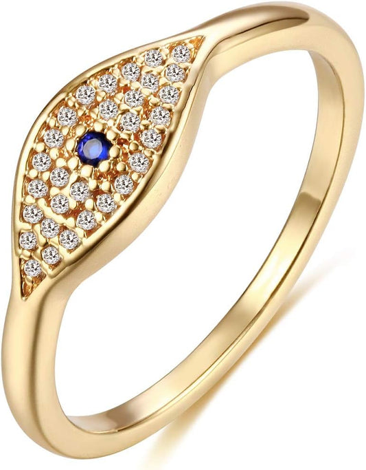 Gold Cubic Zirconia Blue Evil Eye Stacking Ring,14K Gold Plated Dainty Sapphireblue Colored Band Stackable Rings