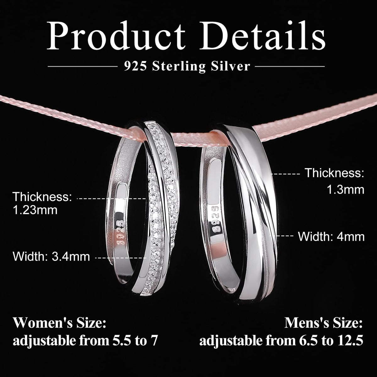 925 Sterling Silver Adjustable Matching Couple Rings– Set of 2