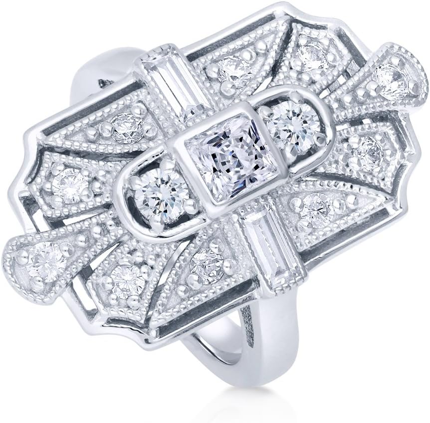 Sterling Silver CZ Navette Statement Cocktail Rings for Women, Art Deco Cubic Zirconia Ring