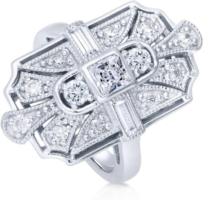 Sterling Silver CZ Navette Statement Cocktail Rings for Women, Art Deco Cubic Zirconia Ring