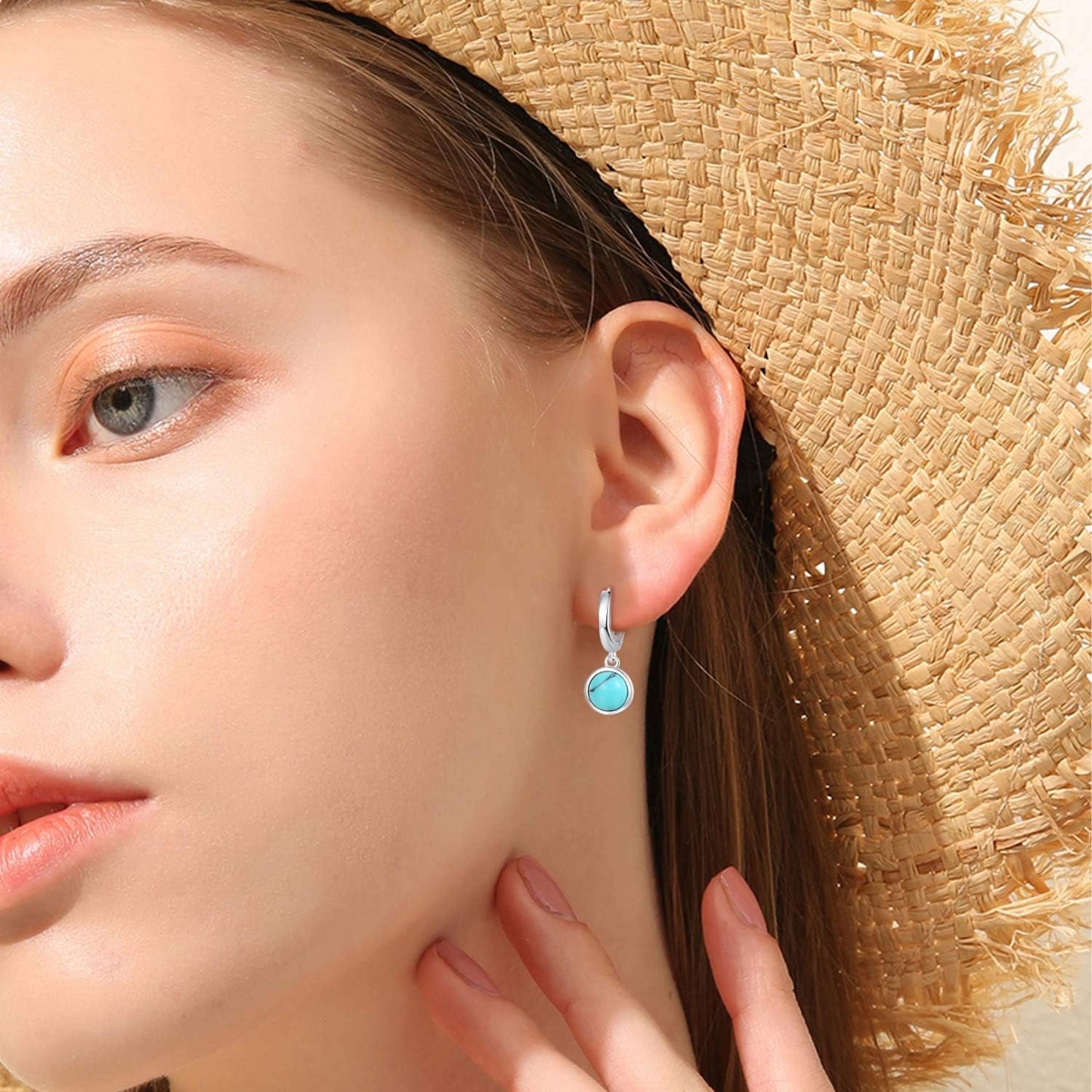 Turquoise Small Hoops Earrings, 925 Sterling Silver round Shape Huggie Hypoallergenic for Sensitive Ears, Turquoise Jewelry for Women Mom Wife Girlfriend with Box