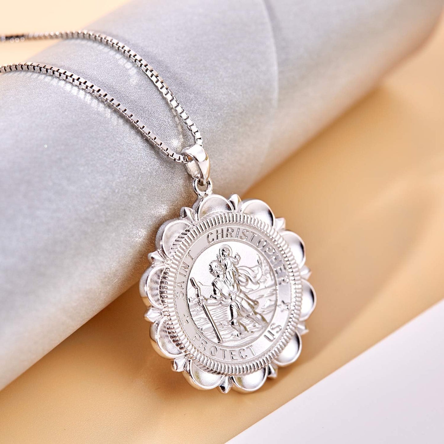 St Christopher Necklace Solid 925 Sterling Sliver Engraved Pendant round Religious Talisman Jewelry for Women