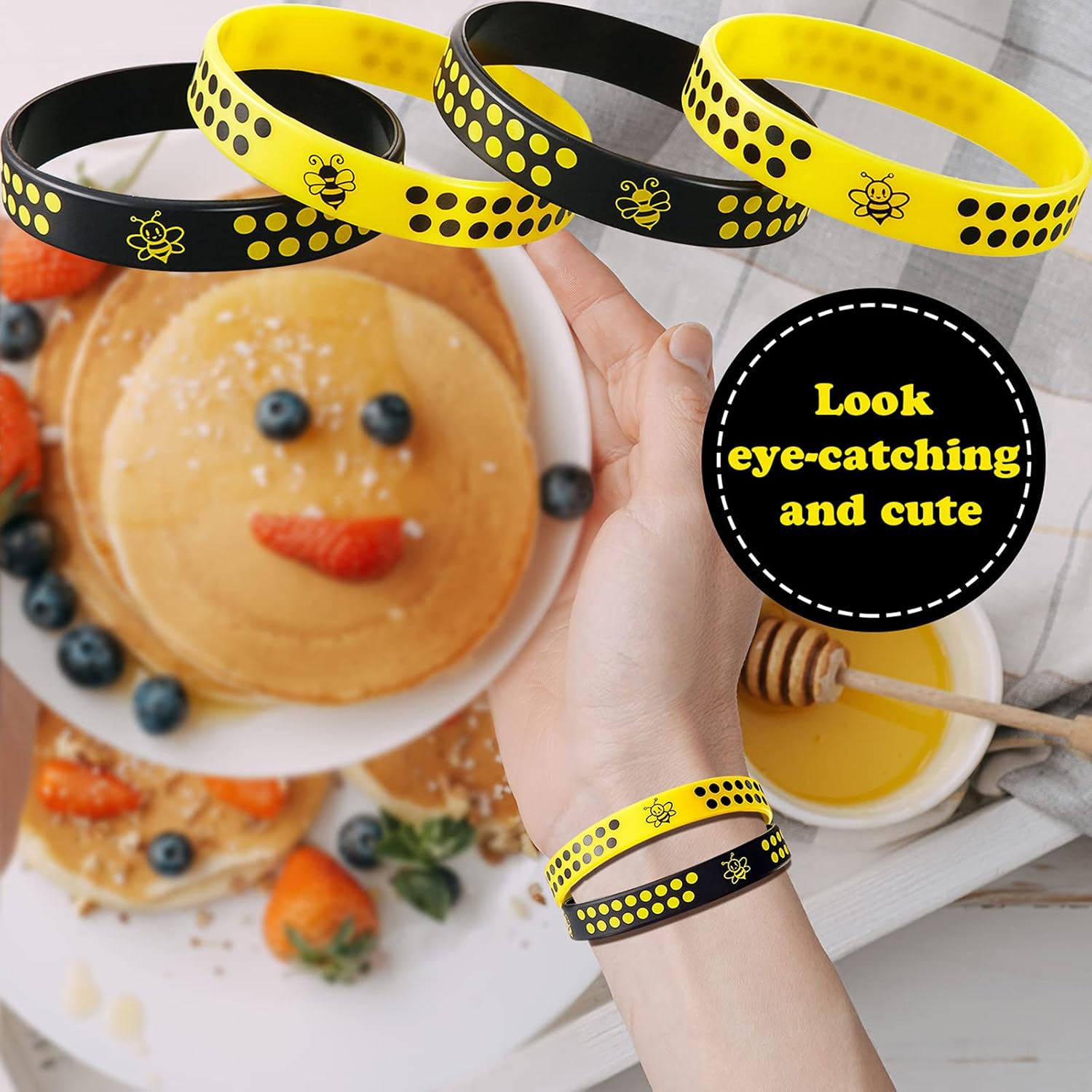 60 Pieces Bee Rubber Bracelets Bulk Bee Theme Party Favors Silicone Wristbands Black and Yellow Color Stretch Bracelets for Boy Girl Costume Accessories Birthday Baby Shower Party Supplies