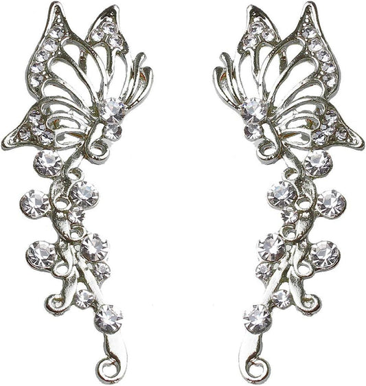 2PCS Ear Cuff Crawler Earrings for Women, Crystal Butterfly Elven Ear Cuffs Hypoallergenic Piercing Ear Cuff Earrings