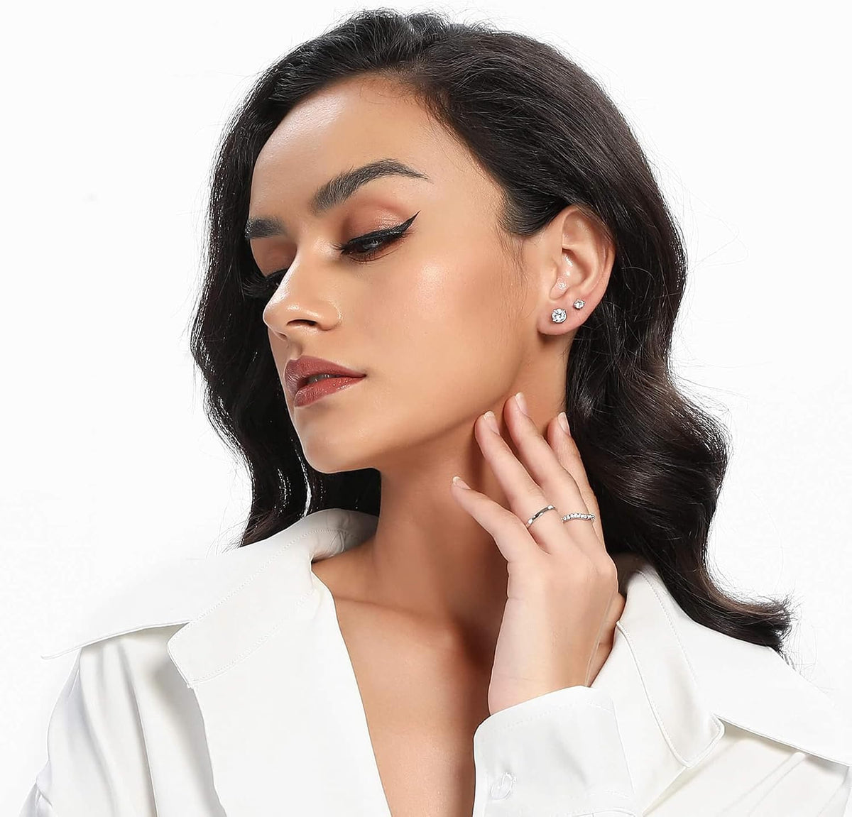 18K White Gold Plated round Cubic Zirconia Stud Earrings Pack, 6 Pairs