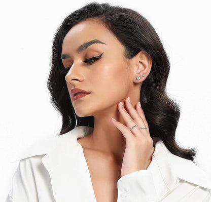 18K White Gold Plated round Cubic Zirconia Stud Earrings Pack, 6 Pairs