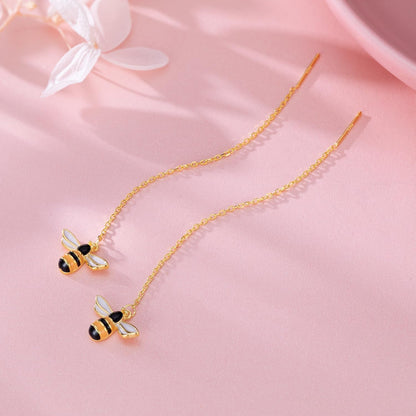 Solid 925 Sterling Silver Bumble Bee Dangle Earrings for Women Teens Honey Bee Drop Earrings Threader Tassel Chain
