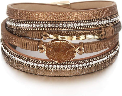 Leather Wrap Bracelet Boho Cuff Bangle Bracelets Crystal Bead Bracelet with Magnetic Clasp Jewelry Gifts for Women