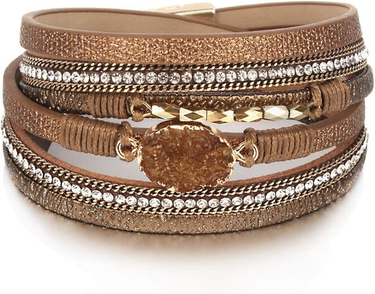Leather Wrap Bracelet Boho Cuff Bangle Bracelets Crystal Bead Bracelet with Magnetic Clasp Jewelry Gifts for Women
