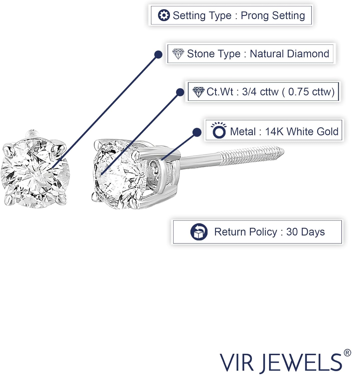 1/4 to 2 Cttw VS2-SI1 Certified Diamond Stud Earrings 14K White Gold Screw Backs