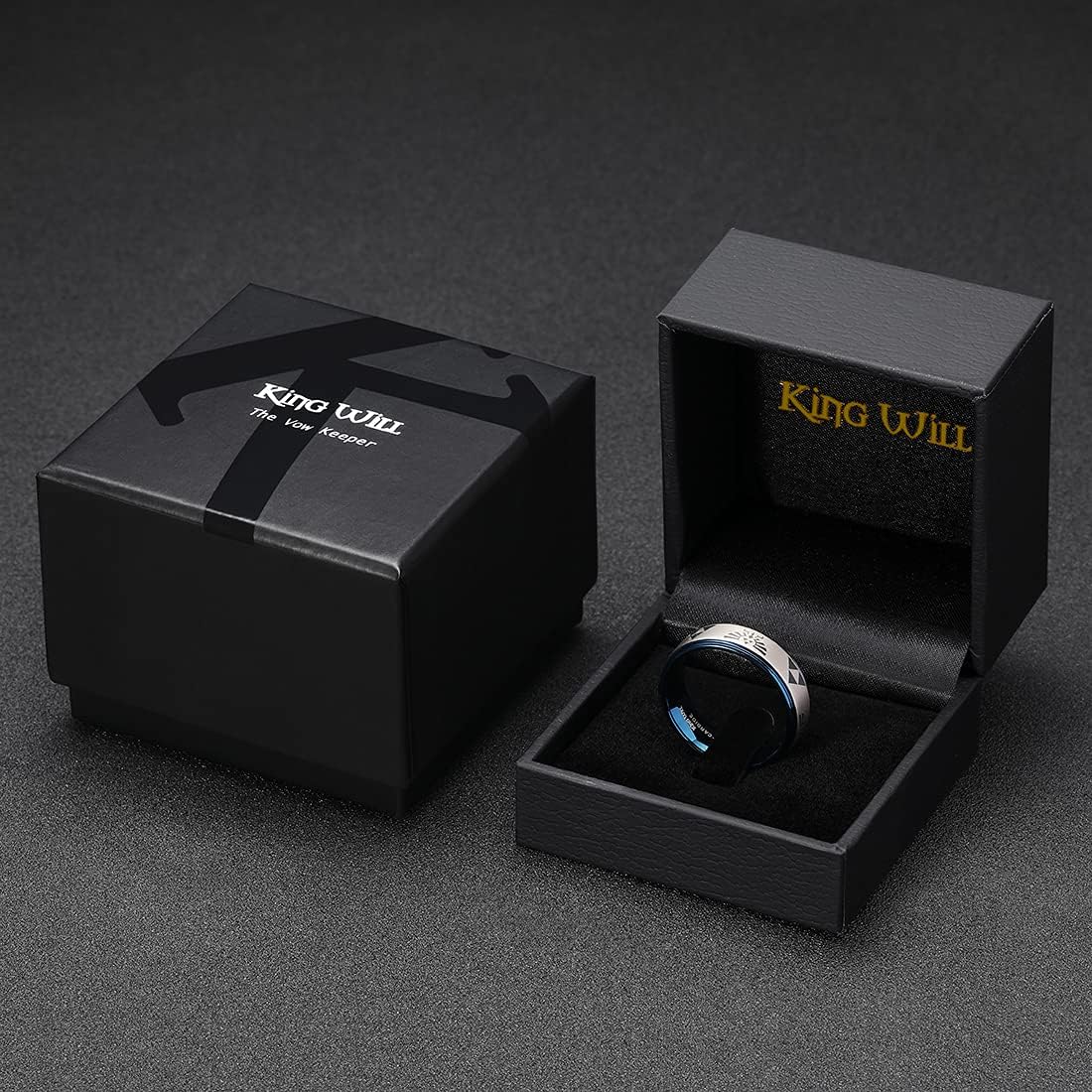 8Mm Mens Black/Blue Tungsten Carbide Wedding Ring Game-Themed Laser Pattern Ring Matte Finished Plated Stepped Beveled Edges