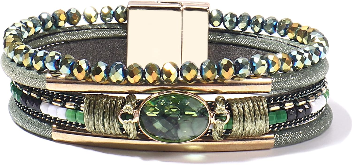 Leather Wrap Bracelets Crystal Beads Bracelet Boho Cuff Stone Charm Bracelets with Clasp Costume Jewelry for Women