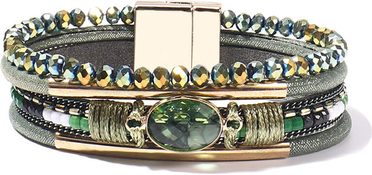 Leather Wrap Bracelets Crystal Beads Bracelet Boho Cuff Stone Charm Bracelets with Clasp Costume Jewelry for Women