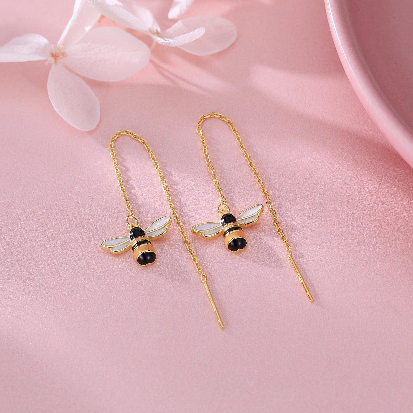 Solid 925 Sterling Silver Bumble Bee Dangle Earrings for Women Teens Honey Bee Drop Earrings Threader Tassel Chain