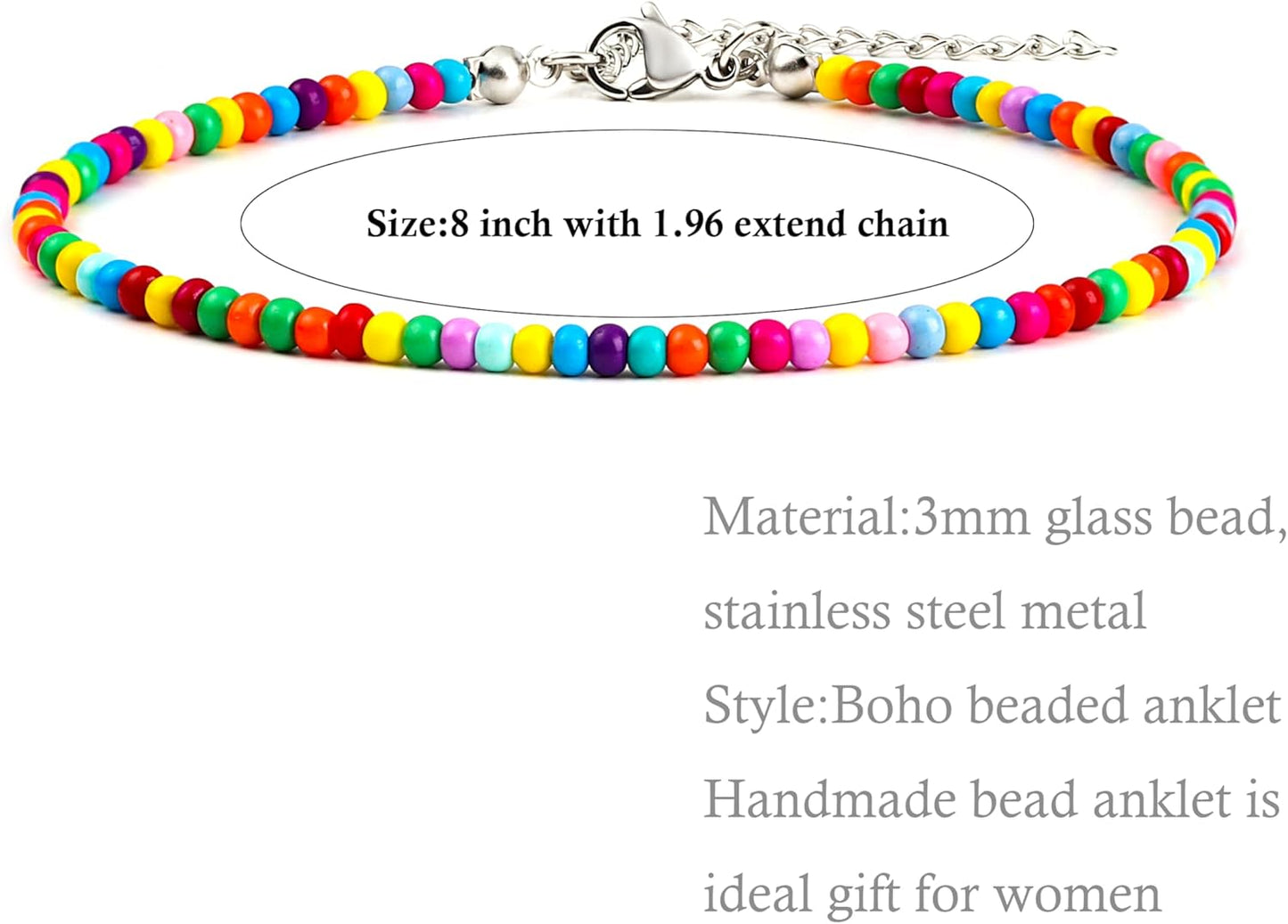 8Pcs Handmade Beaded Anklets for Women Boho Colorful Beads Ankle Bracelets Adjustable Foot Anklet Set