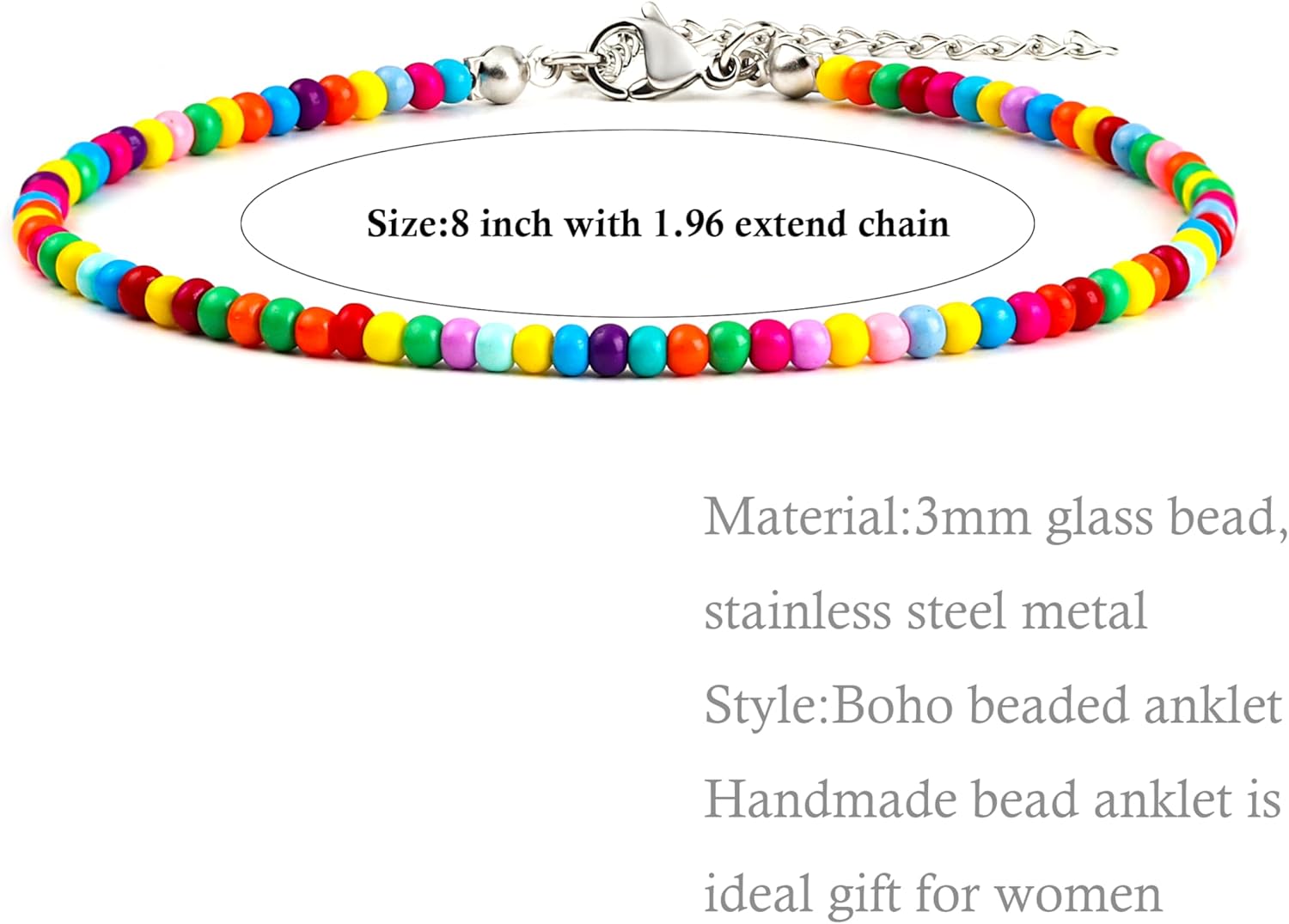 8Pcs Handmade Beaded Anklets for Women Boho Colorful Beads Ankle Bracelets Adjustable Foot Anklet Set