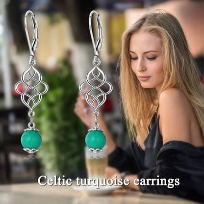 Celtic Turquoise Earrings Sterling Silver Celtic Knot Triquetra Leverback Dangle Drop Earring for Women Jewelry