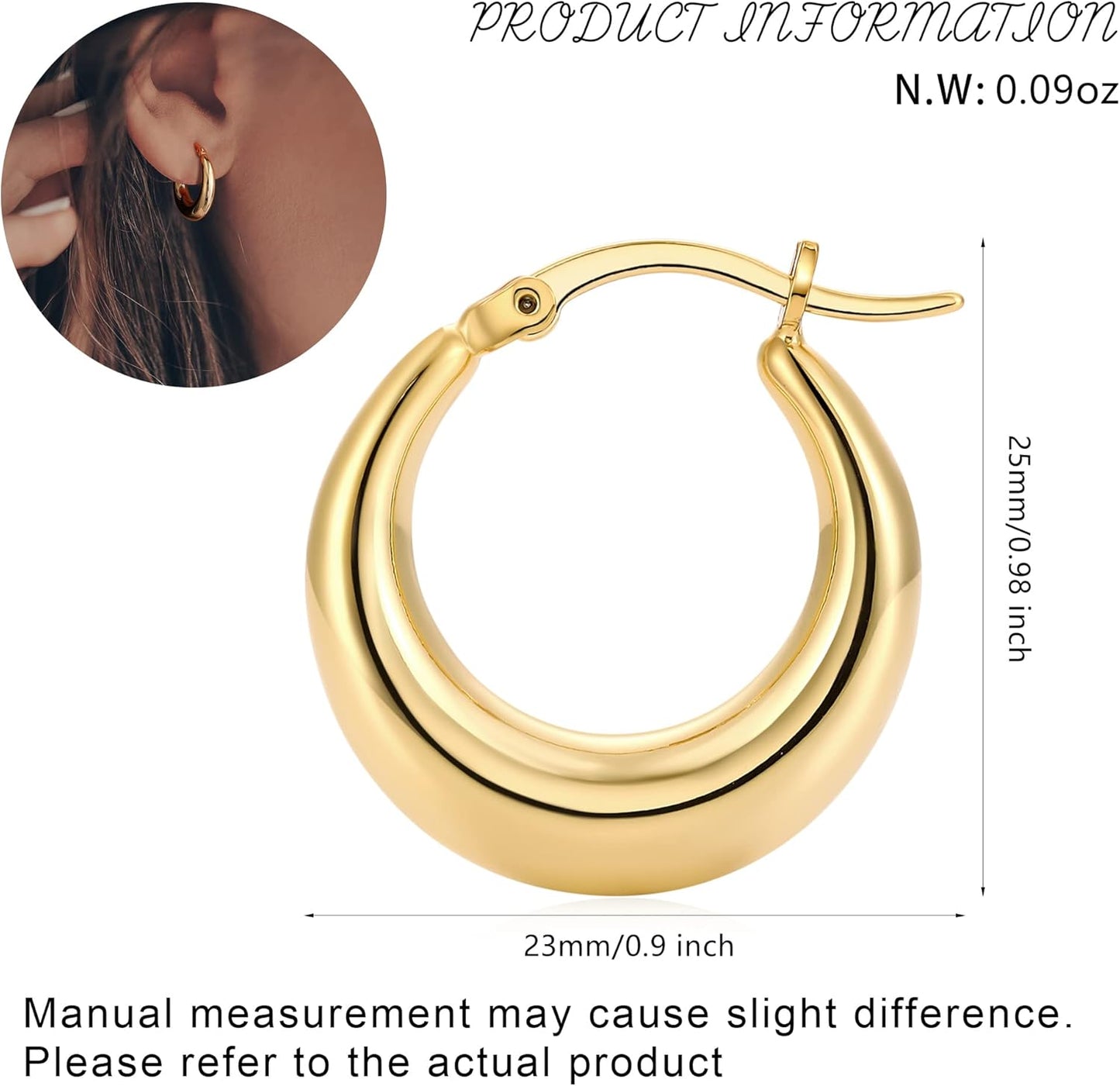 Chunky Gold Hoop Earrings for Women 14K Gold Plated Stainless Steel Thick Hoop Earrings Dainty Cute Hypoallergenic Earrings Minimalist Jewelry