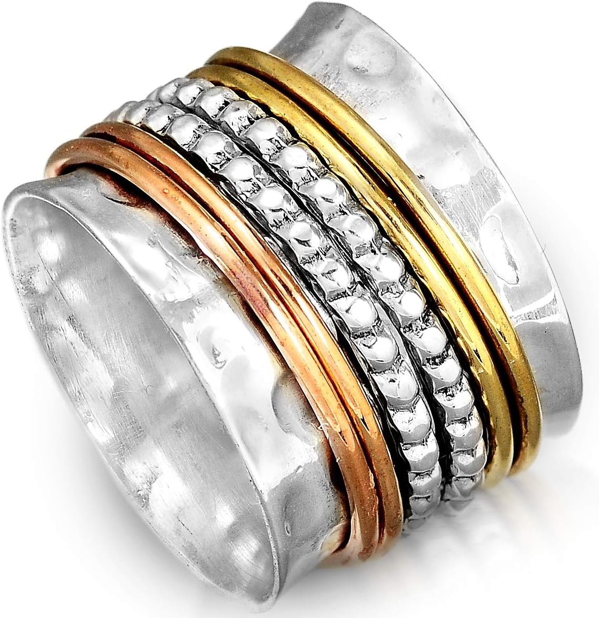 925 Sterling Silver Spinner Ring with Brass and Copper Fidget Rings for Women Wide Band