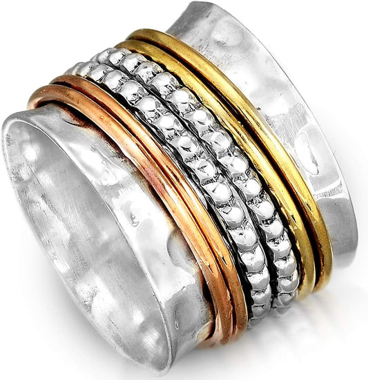925 Sterling Silver Spinner Ring with Brass and Copper Fidget Rings for Women Wide Band