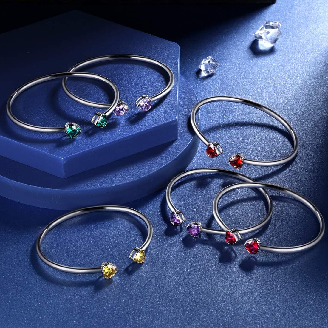 Birthstone Double Heart Adjustable Bracelets Silver Plated Birth Stone Open Bracelets Birthday Gifts Jewelry for and Women KB0018