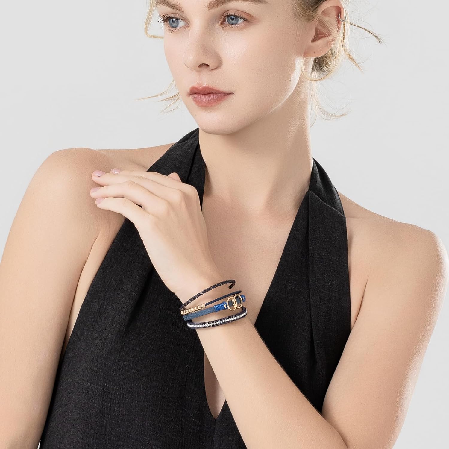 Boho Wrap Bracelets Leather Cuff Bangle Gold Beaded Bracelets for Women Stackable Infinity Bracelets Jewelry Gift Mom with Magnetic Clasp