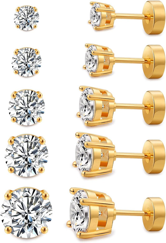 Women'S 14K Gold Plated CZ Stud Earrings Simulated Diamond round Cubic Zirconia Ear Stud Set（5 Pairs)…