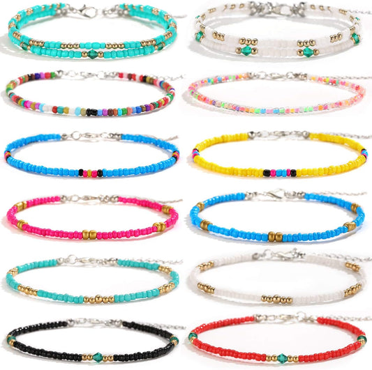 8Pcs Handmade Beaded Anklets for Women Boho Colorful Beads Ankle Bracelets Adjustable Foot Anklet Set