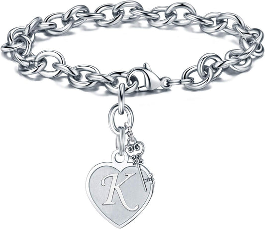 Heart Initial Bracelets for Women Gifts - Engraved 26 Letters Initial Charms Bracelet Stainless Steel Bracelet Birthday Christmas Jewelry Gift for Women Teen Girls
