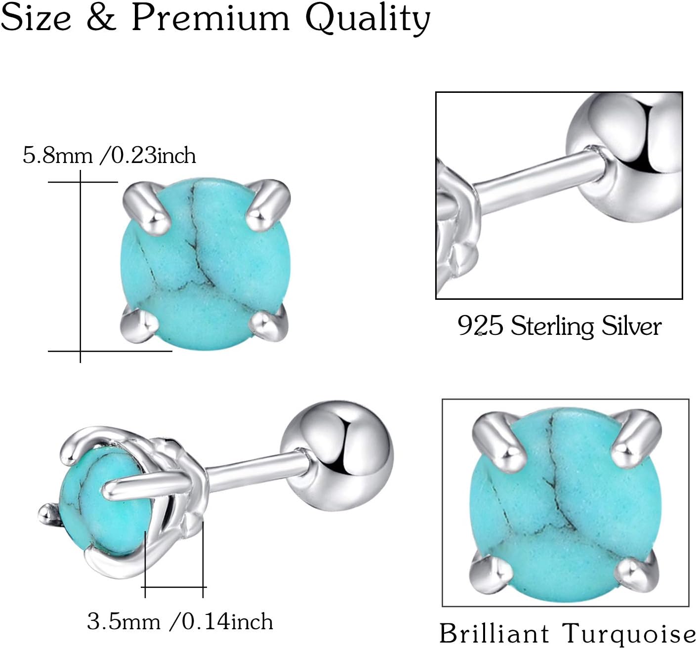 Turquoise Studs Earrings, round Shape 925 Sterling Silver Screwback Studs for Women, Turquoise Jewelry Mother Day for Women Mom Wife Girlfriend