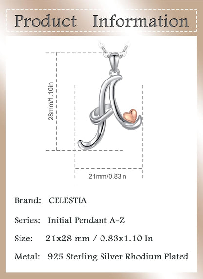 925 Sterling Silver Initial Necklaces 26 Letter with Rose Gold Heart - 18 Inch Chain