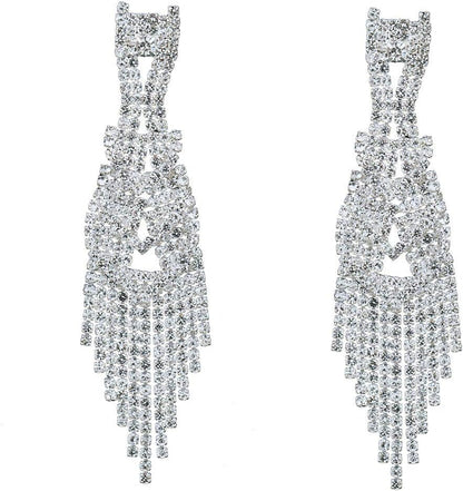 Silver Teardrop Crystal Long Tassels Dangle Earrings Sparkling Rhinestone Ladies Gifts