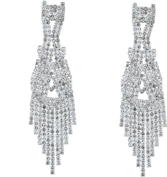 Silver Teardrop Crystal Long Tassels Dangle Earrings Sparkling Rhinestone Ladies Gifts