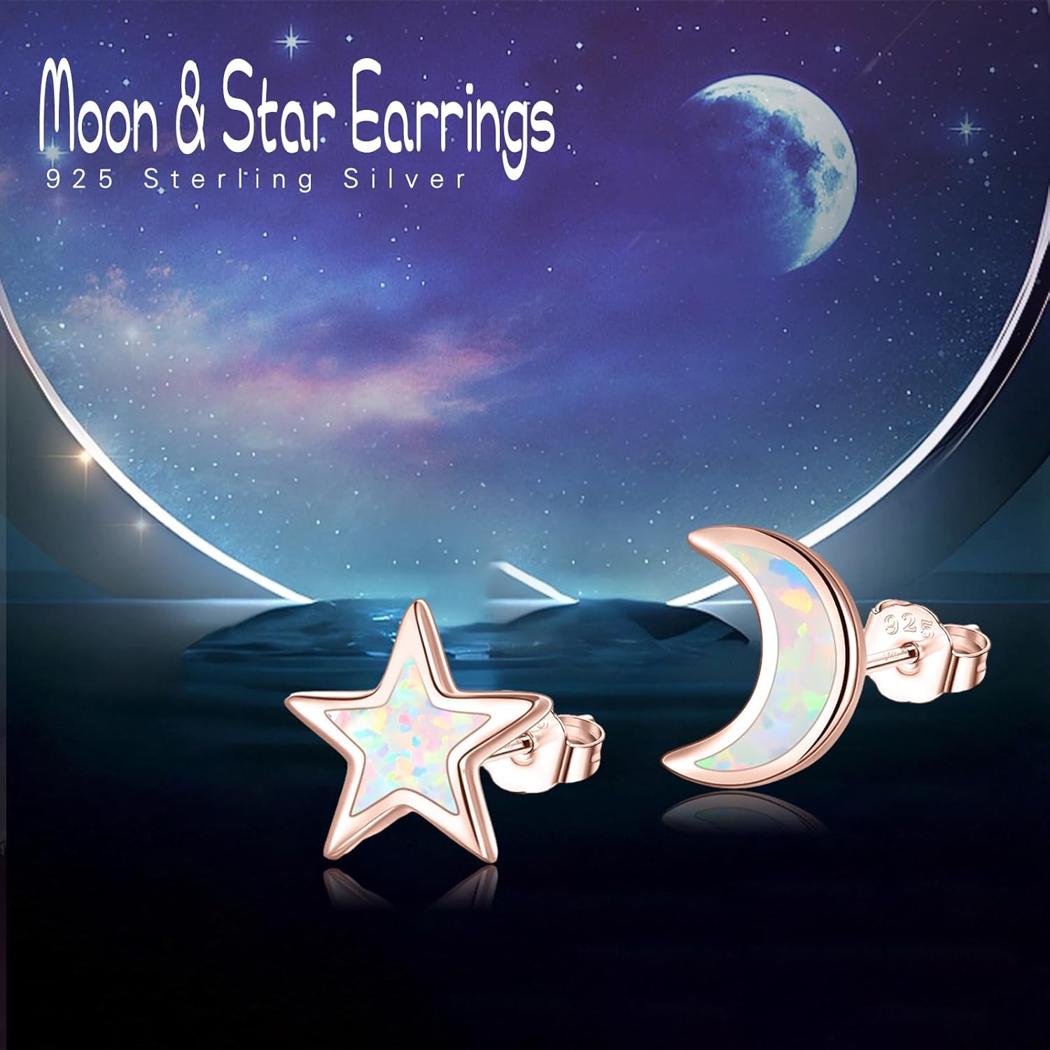 925 Sterling Silver Moon Star Sun Earrings, Opal Celestial Studs Earrings Delicate Moon Star Sun Earrings Jewelry Birthday Graduation Gift for Women