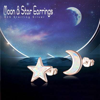 925 Sterling Silver Moon Star Sun Earrings, Opal Celestial Studs Earrings Delicate Moon Star Sun Earrings Jewelry Birthday Graduation Gift for Women