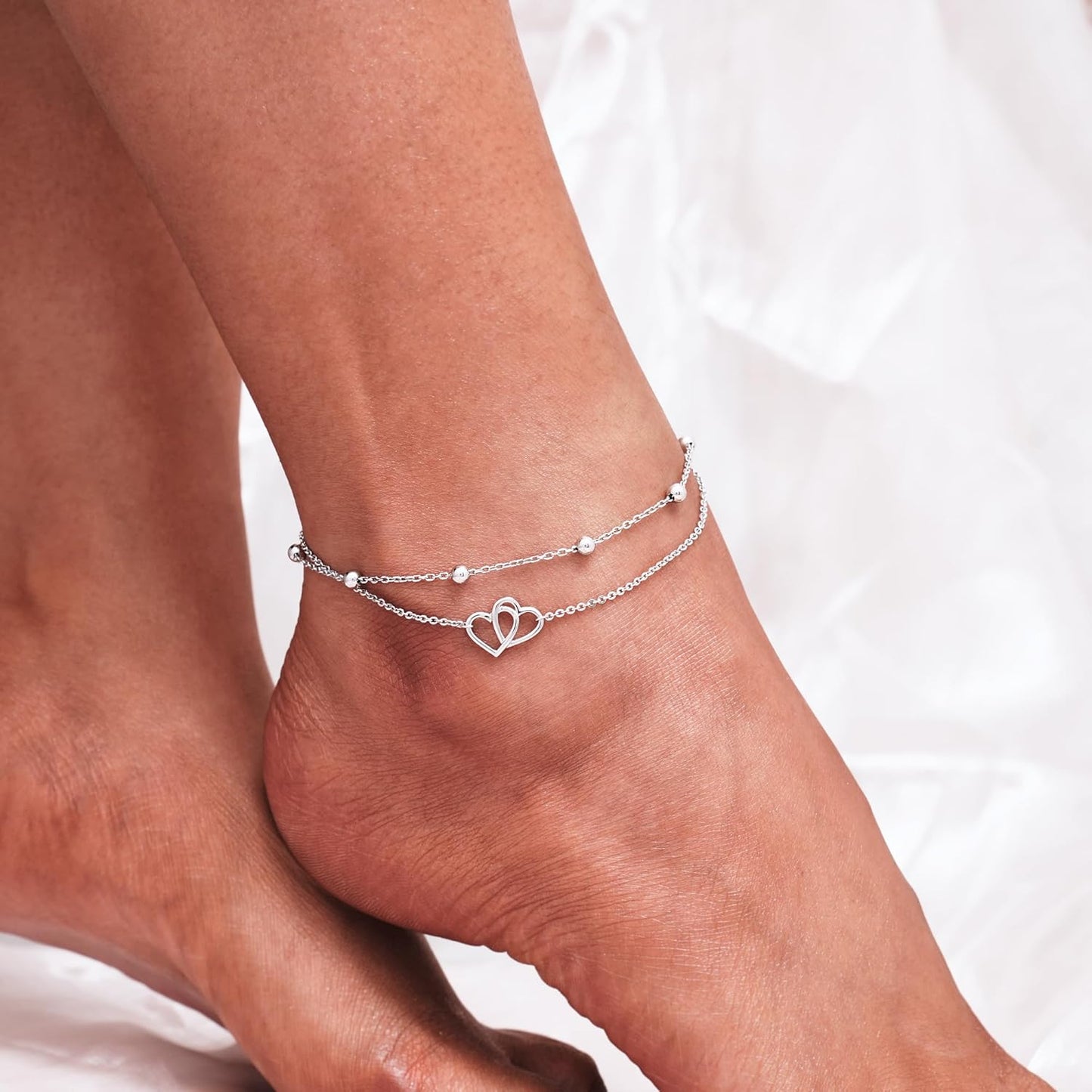 Womens Sterling Silver Created Opal Layered Anklet Bracelet Dainty Beaded Chain Adjustable 11" Best Friend Anklet