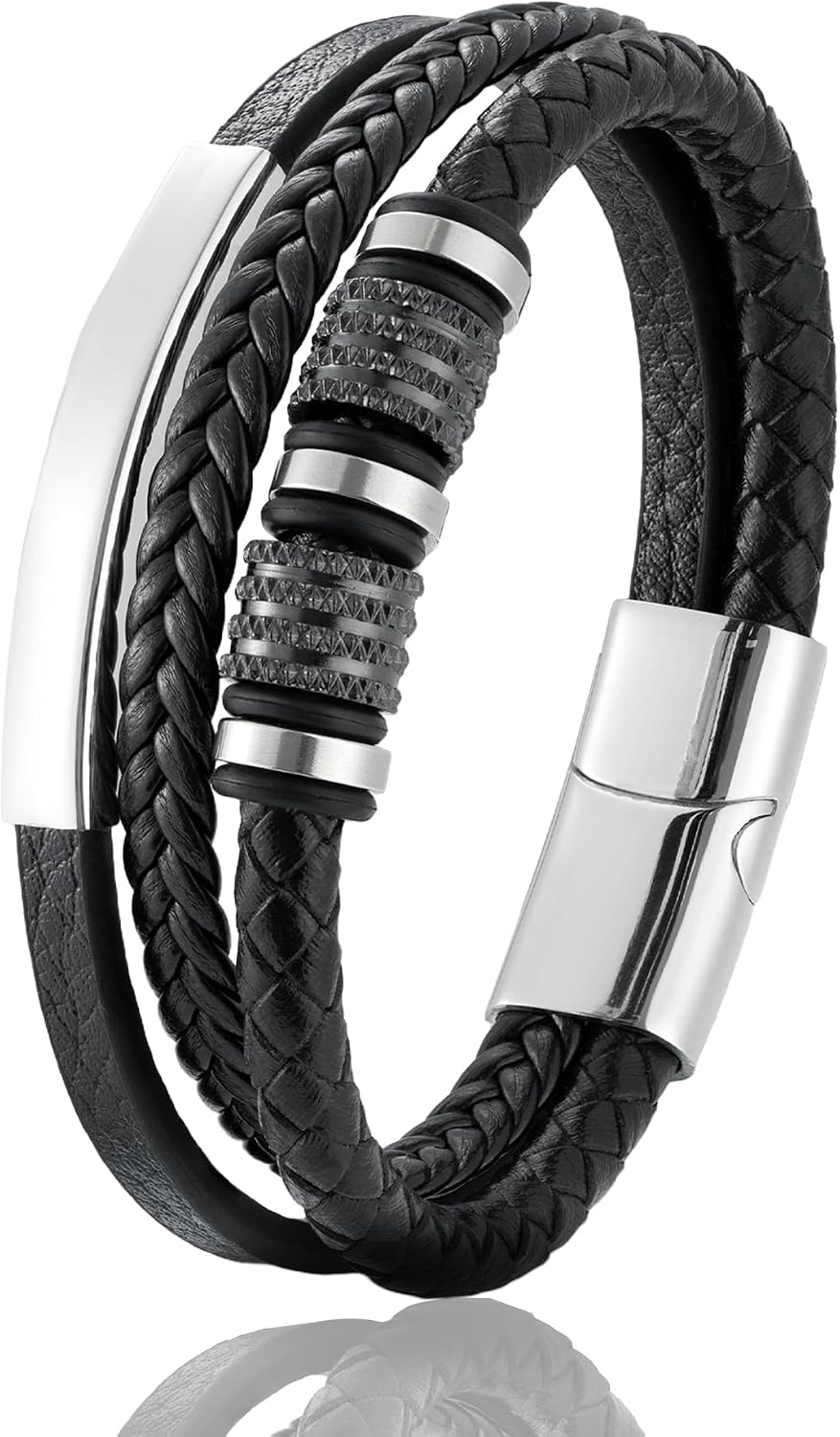 Title: Men’s Black & White Leather Braided Cuff Bracelet with 316L Stainless Steel Buckle– 8.3 inch