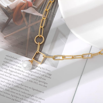 Single Pearl Pendant Necklace for Women, 16K Gold Plated Paperclip Chain Necklace