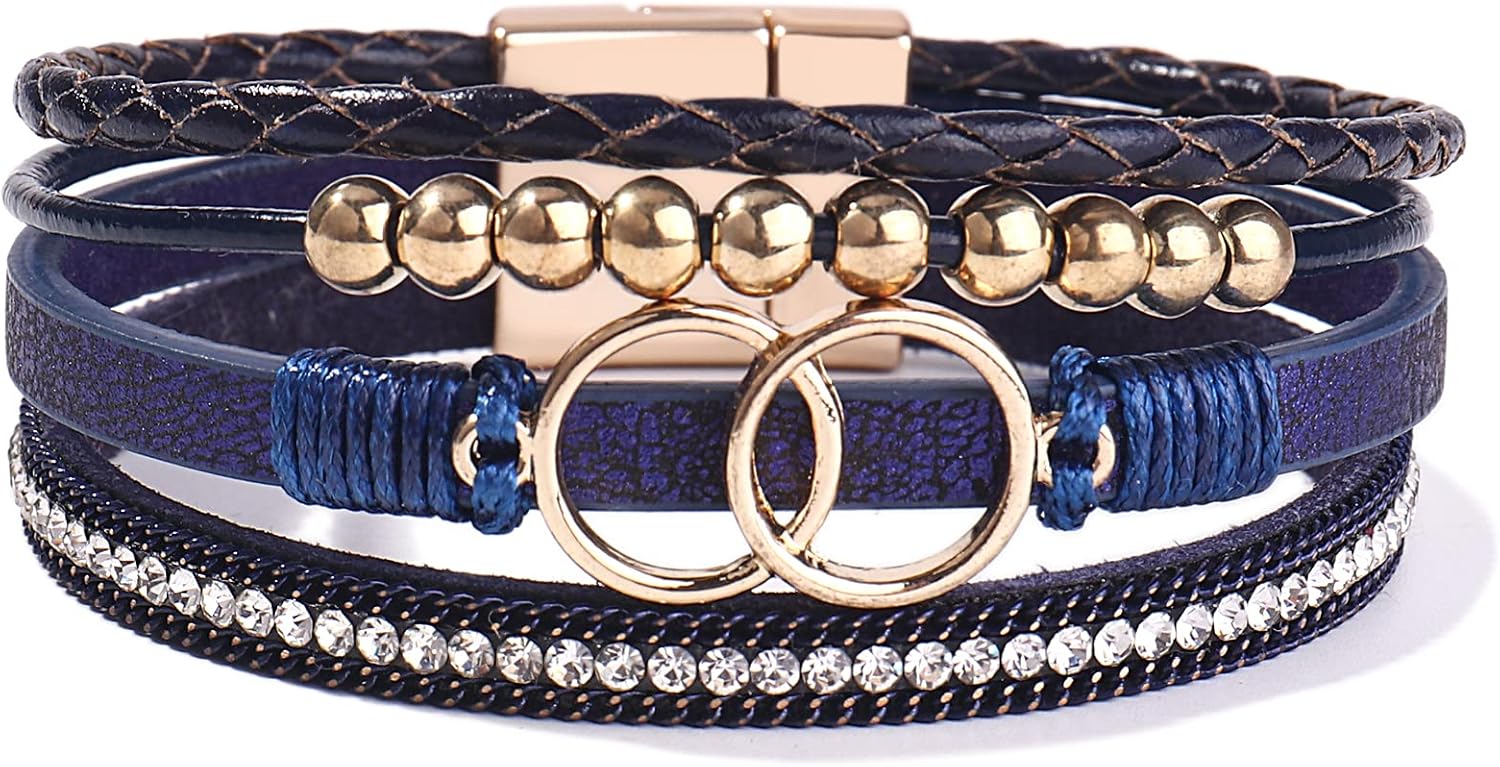 Boho Wrap Bracelets Leather Cuff Bangle Gold Beaded Bracelets for Women Stackable Infinity Bracelets Jewelry Gift Mom with Magnetic Clasp