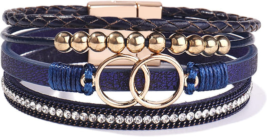 Boho Wrap Bracelets Leather Cuff Bangle Gold Beaded Bracelets for Women Stackable Infinity Bracelets Jewelry Gift Mom with Magnetic Clasp