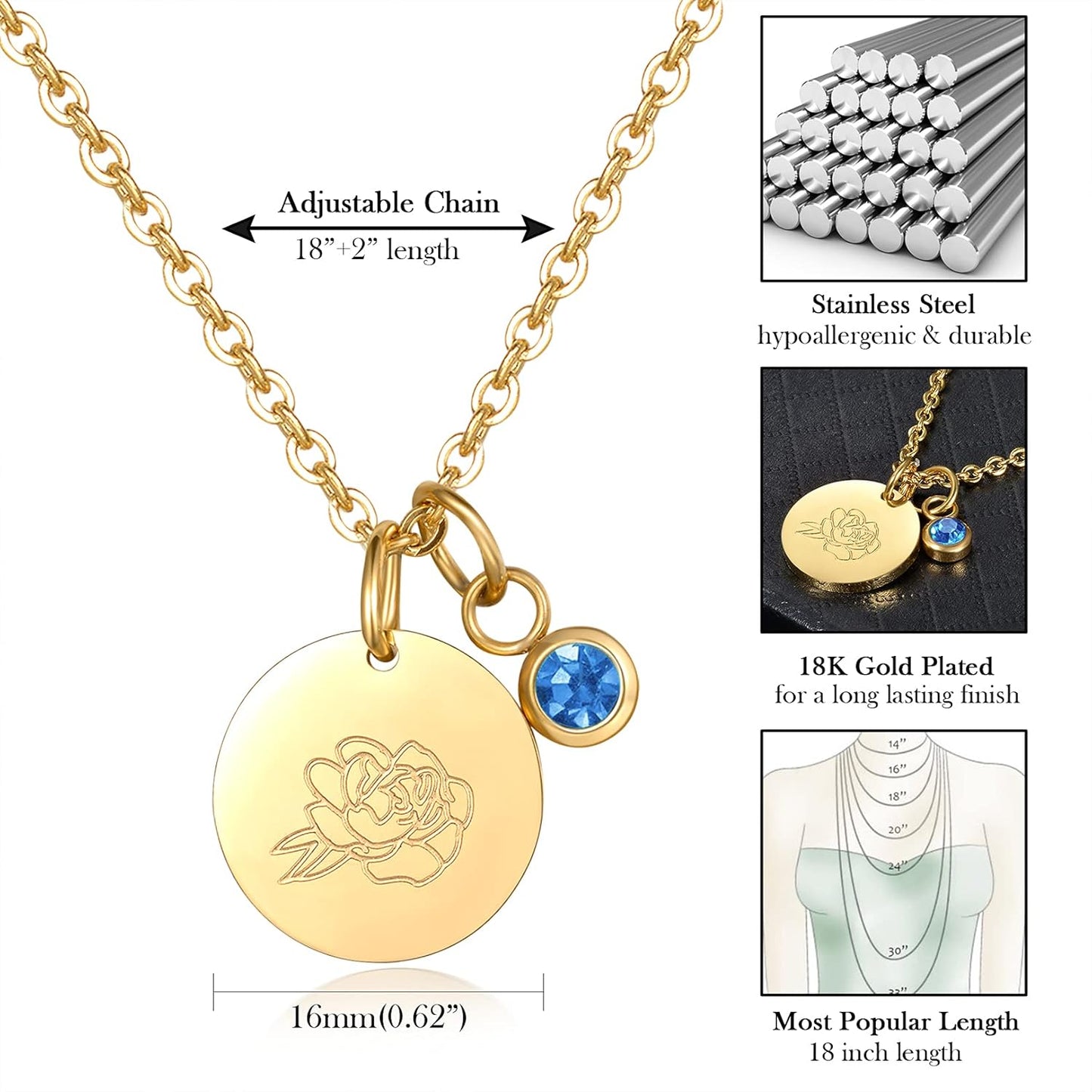 Birthday Gifts for Her Birth Flower Necklaces, 18K Gold Plated Dainty Birth Month Floral Birthstone Disc Coin Pendant Necklaces | Women Wildflower Jewelry Gifts for Valentines Anniversary