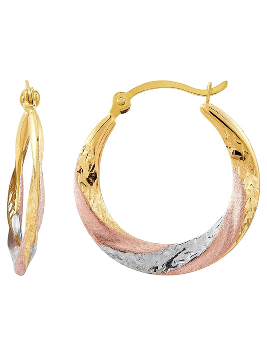 10K Rose Gold with Yellow and White Rhodium Plate round Swirl Hoop Earrings