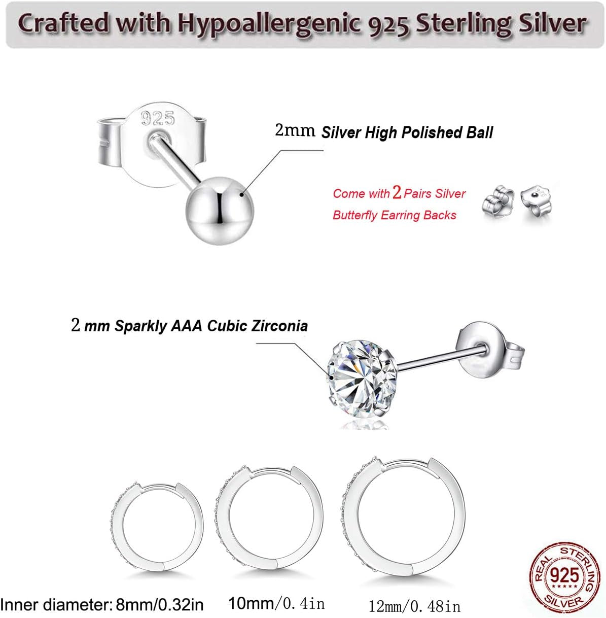 Silver Hoop Earrings for Women, 925 Sterling Silver Huggie Hinged Earrings with AAA Cubic Zirconia, Diameter 13Mm Hypoallergenic Small Sleeper Hoop, 8/10/12/13MM