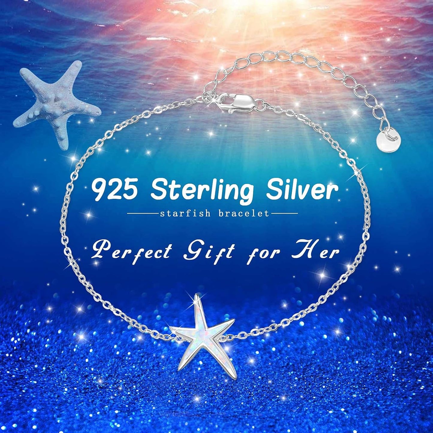 Starfish Bracelet 925 Sterling Silver with White Fire Opal Chain Bracelets Ocean Jewelry Birthday for Women