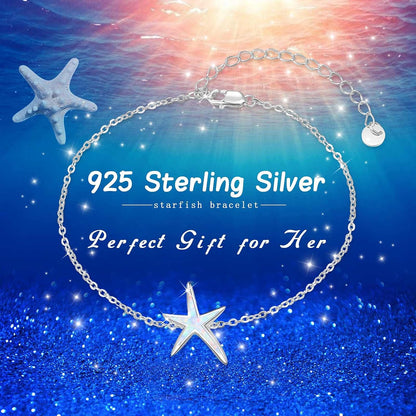 Starfish Bracelet 925 Sterling Silver with White Fire Opal Chain Bracelets Ocean Jewelry Birthday for Women