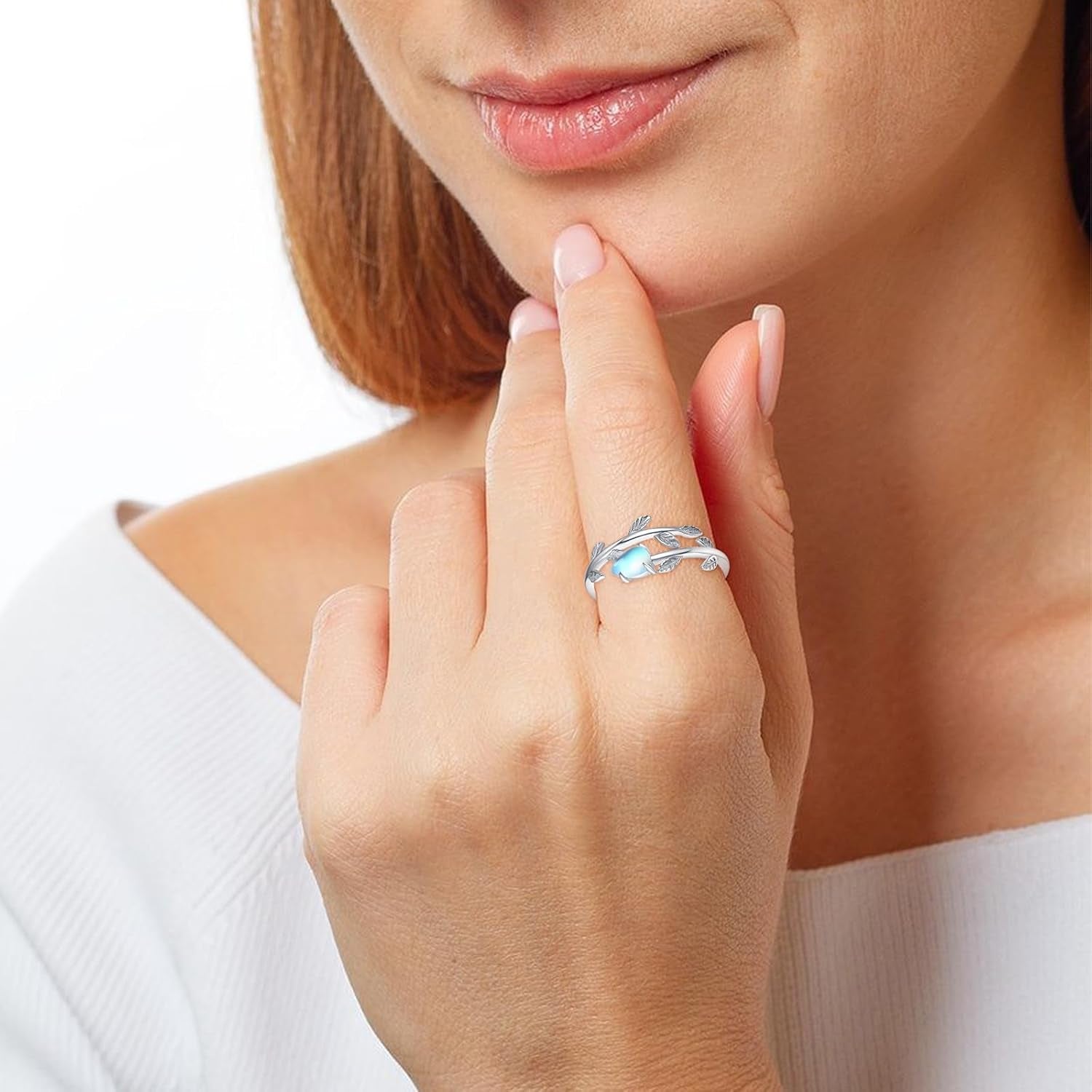 925 Sterling Silver Leaf Ring White Opal Moonstone Rings Adjustable Open Ring for Women with Jewelry Box Size 7-9