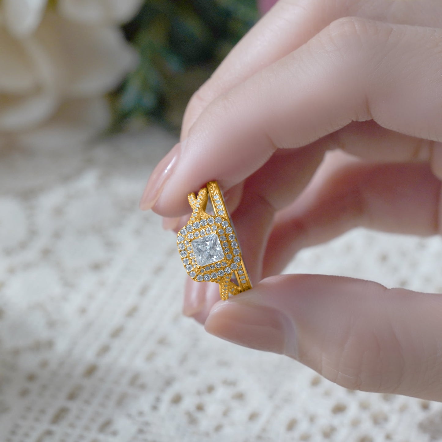 1.25 Ct - Square Moissanite - Double Halo - Twisted Band - Vintage Inspired - Pave - Wedding Ring Set in 18K Yellow Gold Plated for Women