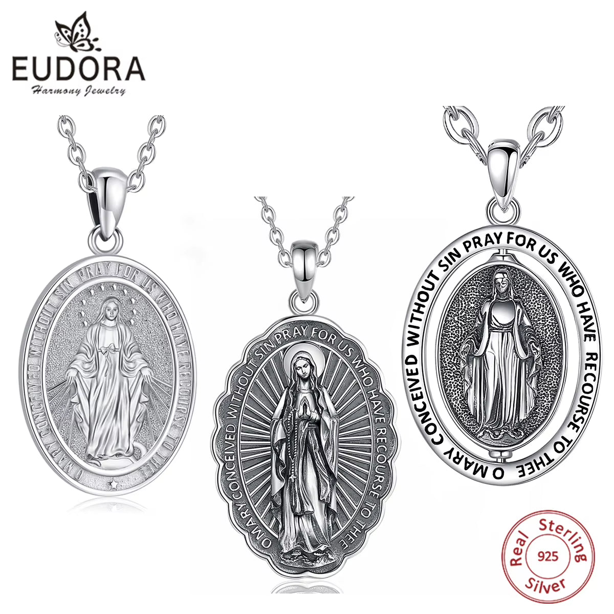 925 Sterling Silver Virgin Mary Cross Amulet Pendant